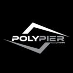 Image of polypier logo, which is an two silver checkmark shapes on top of each other and the word "polypier" in the middle set on a black background.