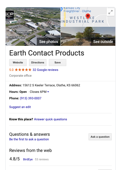 Image of a Google Business Profile for ECP, one place to gather online reviews. 